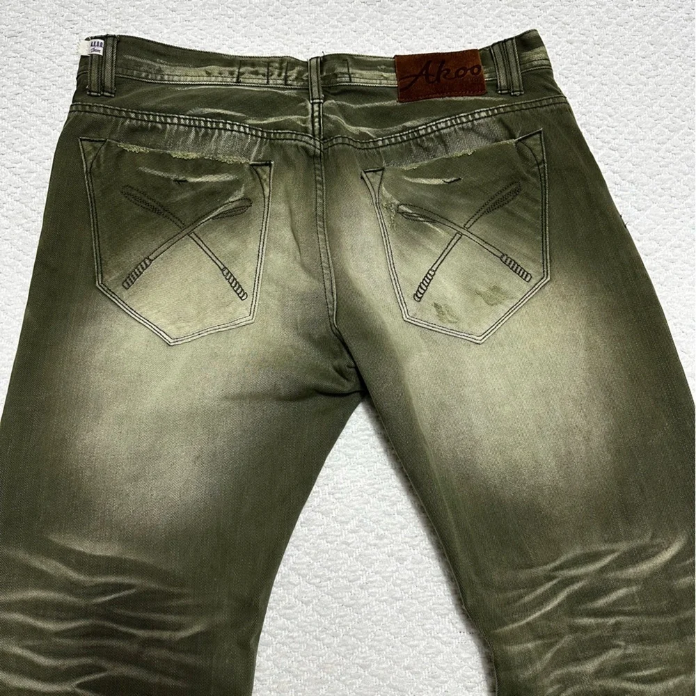Akoo Jeans No Rivals Moto Green Acid Wash Distressed Men’s Size 38